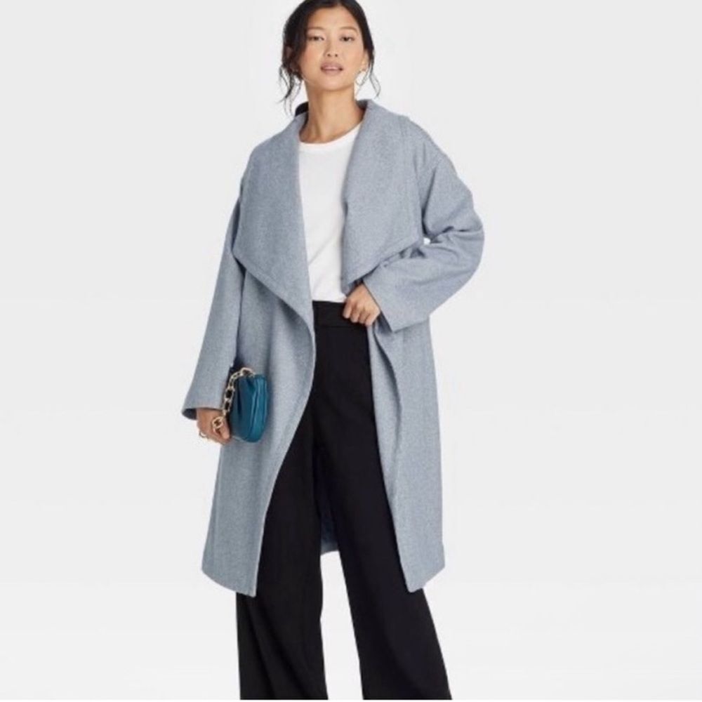 A New Day Blue & White Knit Mid Length Wrap Coat w/Wide Lapel & Belt (Size: XS)